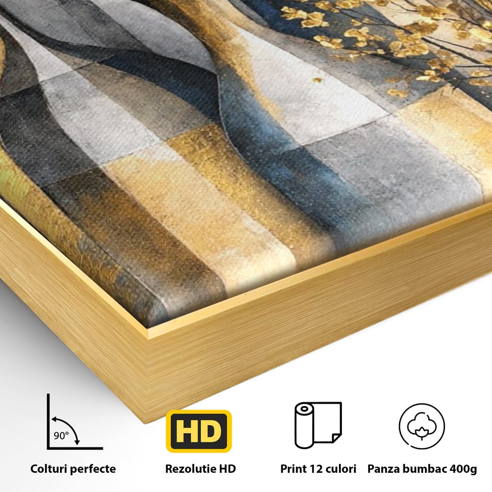 Detaliu al suprafetei: pictura abstracta cu vaze si flori aurite, in rama de aluminiu auriu